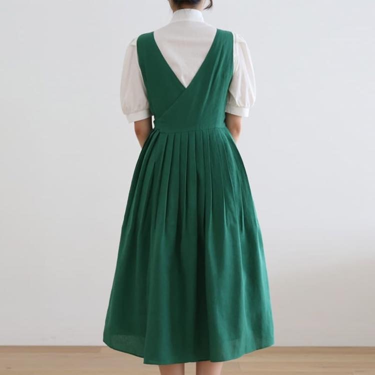 【韓服スタイル】チョゴリショルダースカート　春 夏 ピュアカラー 着こなし 軽量　グリーン SM ML