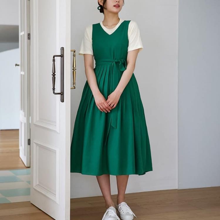 【韓服スタイル】チョゴリショルダースカート　春 夏 ピュアカラー 着こなし 軽量　グリーン SM ML