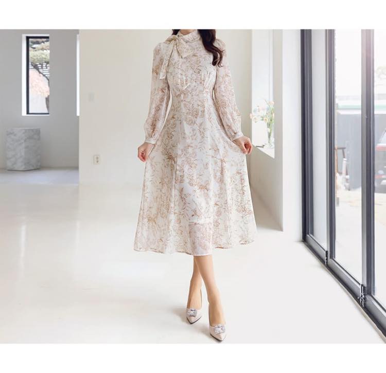 【韓服スタイル】シフォンフレアワンピース スカーフネック 長袖 ひざ下丈 ハイウエスト リボン 花柄 上品 エレガント 着こなし クラシック 春 秋 ネイビー アイボリー S M L XL 2XL