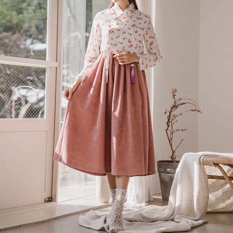 【韓服スタイル】チョゴリブラウス&ワンピースセット Vネック ラウンドネック ノースリーブ 長袖 ひざ下丈 ハイウエスト 花柄 上品 エレガント 着こなし 春 秋 ホワイト ピンク M L FREE