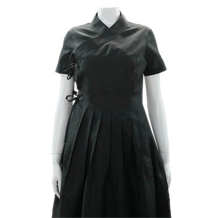 【韓服スタイル】チョリックワンピース Vネック 半袖 長袖 ひざ下丈 ハイウエスト リボン 上品 シンプル クラシック 着こなし 春 夏 ブラック S M L XL 2XL 3XL 4XL 5XL