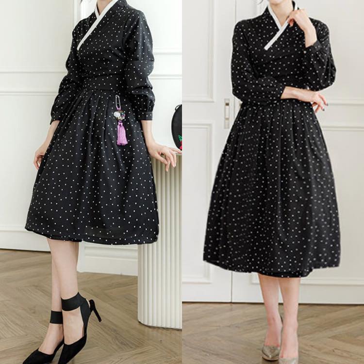 楽天好きなものいっぱい眞眞【韓服スタイル】チョリックワンピース Vネック 長袖 Aライン ハイウエスト リボン ドット柄 上品 シンプル フェミニン エレガント 着こなし 春 秋 ブラック FREE L XL