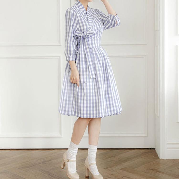 【韓服スタイル】チョリックワンピース Vネック 七分袖 ひざ下丈 Aライン ハイウエスト リボン 市松模様 シンプル 着こなし クラシック 春 秋 ブルー FREE L XL