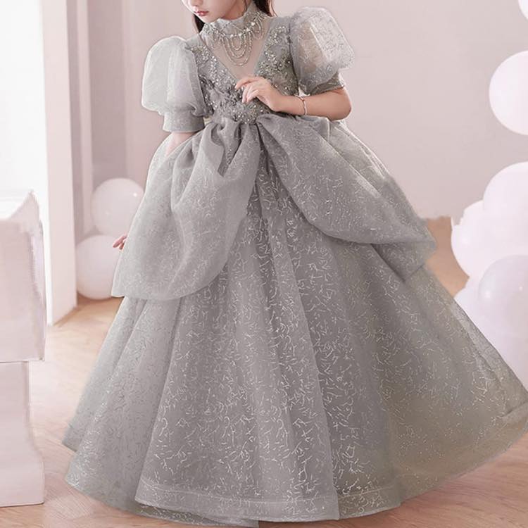 楽天好きなものいっぱい眞眞【韓服スタイル】ティンカーベルロングドレス 幼児 子供 バフ袖 ロング丈 フレア レース プリンセス 演奏会 誕生日 パーティー グレーシルバー 110 120 130 140 150 160