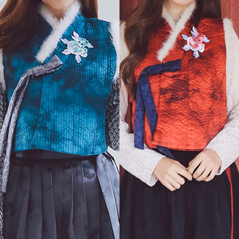 【韓服スタイル】ノースリーブベスト ノースリーブ リボン 花柄 刺繍 上品 エレガント 着こなし クラシック 秋 冬 ブルー レッド S M