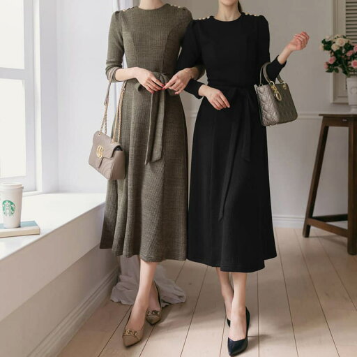 【韓服スタイル】カシアン アンティークボタン ゴルジニット フレアワンピース ラウンドネック 長袖 ひざ下丈 Aライン ハイウエスト 上品 シンプル フェミニン 大人の女性 エレガント 着こなし クラシック ブラック カーキ S M L XL 2XL 【韓服スタイル】カシアン アンティークボタン ゴルジニット フレアワンピース ラウンドネック 長袖 ひざ下丈 Aライン ハイウエスト 上品 シンプル フェミニン 大人の女性 エレガント 着こなし クラシック ブラック カーキ S M L XL 2XL