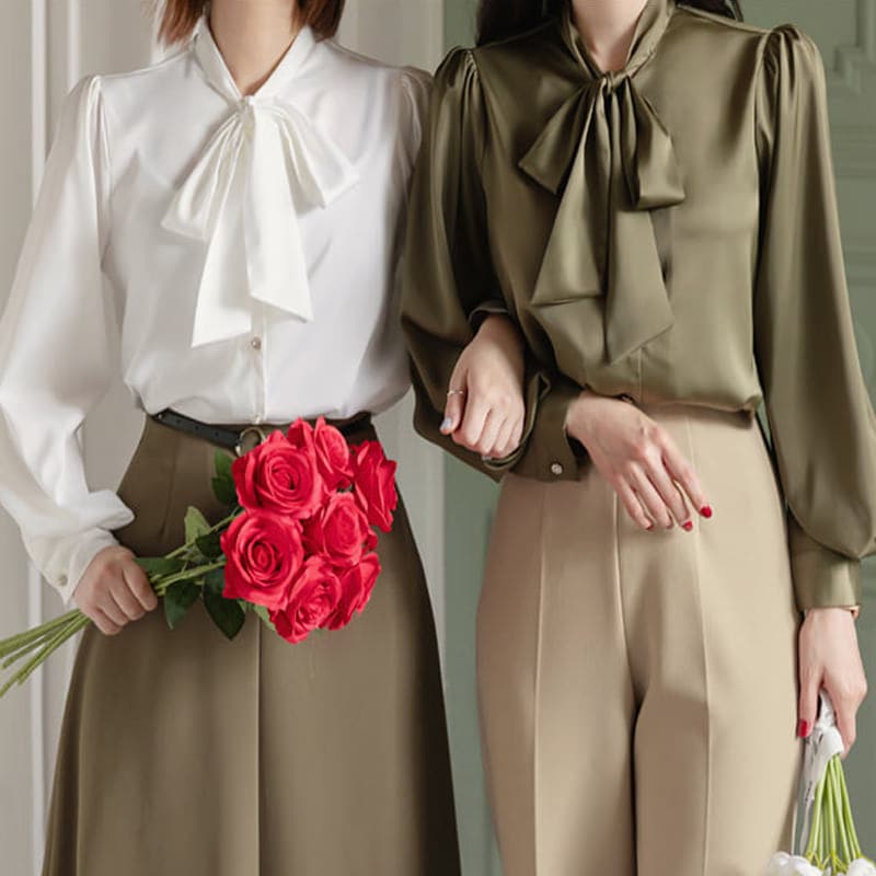 [Korean Traditional Clothing Style] Diori Satin Tie Neck Puff Sleeve Blouse Long Sleeve Ribbon Elegant Simple Adult Woman's Style Spring Autumn Khaki Ivory FREE L XL