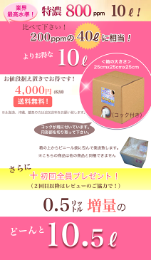 ★値下げ！【特濃800ppm・10L 】送料無料,増量おまけあり/200ppmの40L・400ppmの20Lに相当！薬品不使用！長期保存！電解,次亜塩素酸水,弱酸性次亜塩素酸水,微酸性次亜塩素酸水,空気清浄機,加湿器,除菌,消臭/除菌スプレー/ウイルス対策