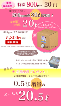 ★大幅値下げ！【特濃800ppm・20L 】送料無料,増量おまけあり/200ppmの80L・400ppmの40Lに相当！薬品不使用!長期保存!業務用,高純度/次亜塩素酸水,微酸性次亜塩素酸水,空気清浄機,加湿器,除菌水,消臭/ペット消臭剤