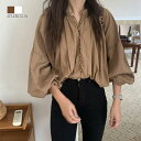 ブラウス ピンタック ヨークブラウス キーネック バンドカラー ヘム シャツ パフ ロングブラウス カジュアル 定番 レディース 春夏 秋冬 長袖 シンプル ハリ 重ね着