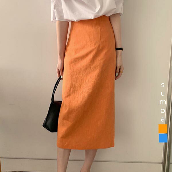 リネンタッチ　タイトスカート　Iラインスカート　ひざ下　リネンライク　ラップスカート　ペンシルスカート　スリット　みもれ丈　スカート　レディース　春夏　夏　韓国　カジュアル　ブルー　オレンジのサムネイル