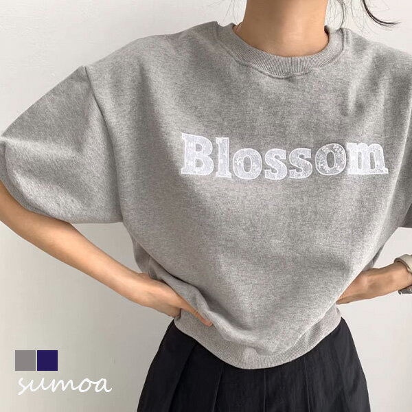 Rakuten - パフスリーブカットソー　スウェット　パフ　Tシャツ　レース　ロゴTシャツ　ロゴ　半袖　カットソー　ロンT　英字　トップス　レディース　春夏　カジュアル　韓国　プルオーバー