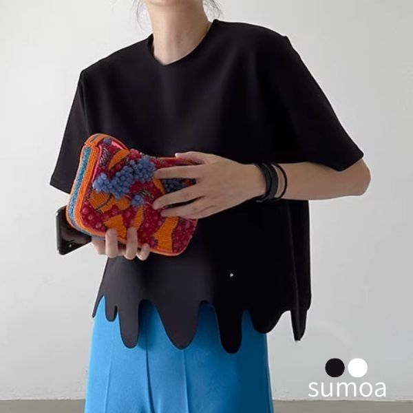 乐天商城 - スカラップ　カットソー 　スウェット　 Tシャツ 　ロゴ 　半袖 　カットソー　 ロンT　 トップス レディース　韓国 　プルオーバー　アシメントリー　無地　カジュアル　フェミニン