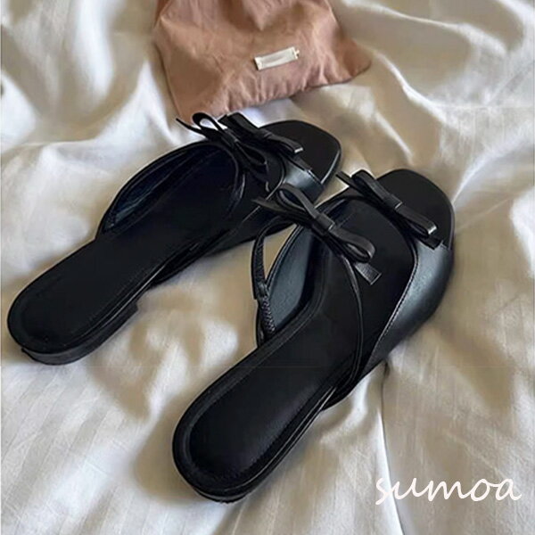 乐天商城 - リボン付きサンダル　リボン　サンダル　ミュール　レザー　本革　ストラップ　安定　歩きやすい　ローヒール　シューズ　フラット　ペタンコ　フェミニン　ブラック