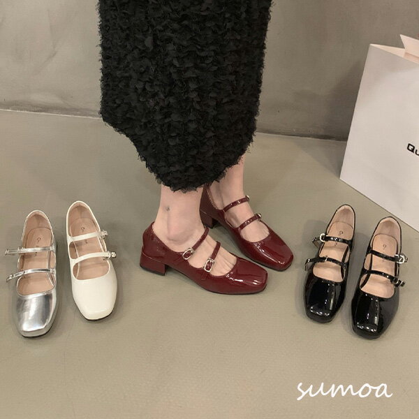 乐天商城 - ストラップ付パンプス　パンプス　バレエ シューズ　ミュール　ヒールパンプス　チャンキーヒール　太ヒール　レディース　ラウンドトゥ　安定　歩きやすい　エナメル　wストラップ