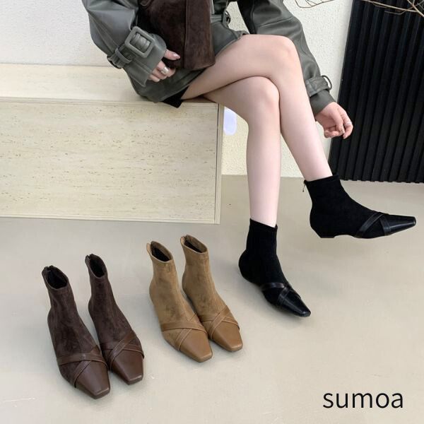 クロスデザインショートブーツ　切り替え　チャンキーヒール　太ヒール　スクエアトゥ　ストレッチブーツ　ブーツ　ブーティ　アンクルブーツ　美脚　疲れにくい　歩きやすい　レディース　ミドル　スェードスエード　ローヒール　コンビ
