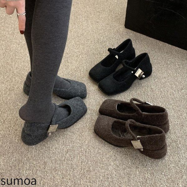 Rakuten - ボアパンプス　ストラップ　ヒールパンプス　バレエシューズ　フラップ　厚底　チャンキーヒール　保温　靴　レディース　スクエアトゥ　マニッシュ 　歩きやすい　ミュール　美脚　カジュアル