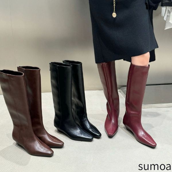 大人のロングブーツ　ジョッキーブーツ　レザー　エンジニアブーツ　脚長　美脚　ウェッジソール　ロー..