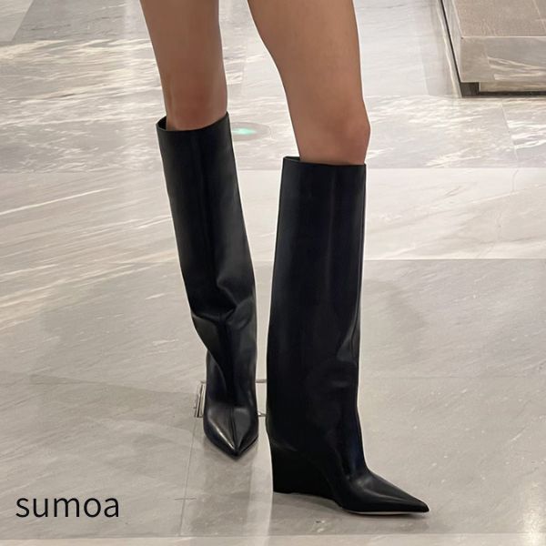 ロングブーツ　ジョッキーブーツ　エンジニアブーツ　ウェッジソール　ポインテッドトゥ　ヒール　シューズ　美脚　インヒール　疲れにくい　チャンキーヒール　歩きやすい　レディース