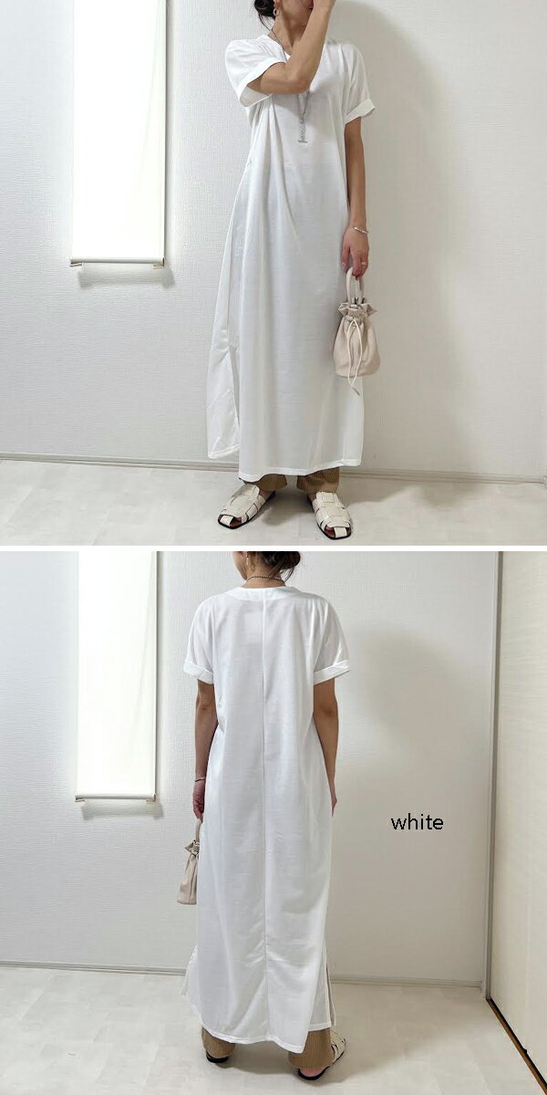 ワンピース　Tシャツワンピース　Vネック　フレンチスリーブ　フレンチT　スリット　ロングTシャツ　Tシャツ　大きめ　重ね着　カットソー　レディース　無地　シンプル　ロング　春夏 　秋冬　体型カバー　半袖