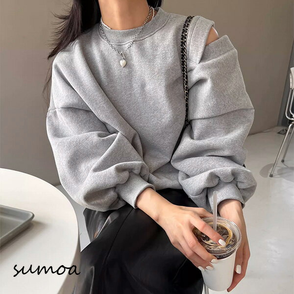 Rakuten - スエット　肩出し　オープンショルダー　トレーナー　プルオーバー　ワンショルダー　ワンショル　スウェット　ラウンドネック　レイヤード　　レディース　プルオーバー　重ね着　長袖　体型カバー　カジュアル　カットソー