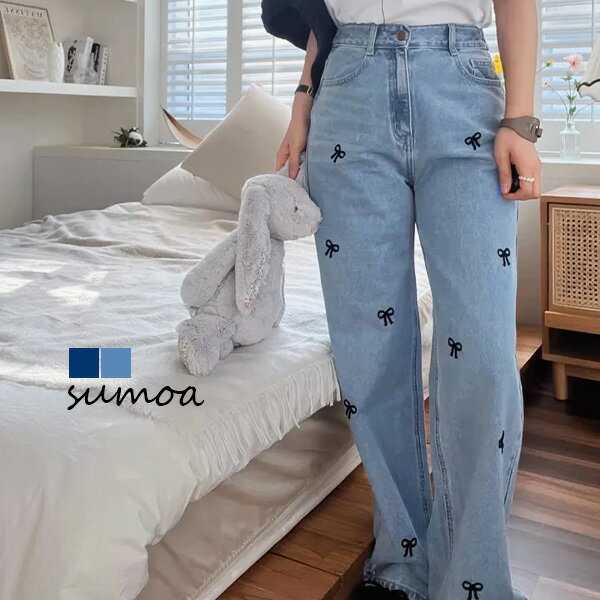リボン刺繍　デニムパンツ　デニムパンツ　ワイドパンツ　フレアパンツ　ストレート　ジーンズ　ジーパ..