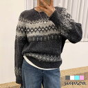 ノルディック柄ニット 求心柄 レトロ アーガイル フェアアイル柄 ニット ノルディック バルキー ニット セーター ラウンドネック クルーネック プルオーバー ...