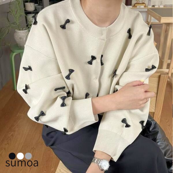 リボンカーディガン　リボン　カーディガン　セーター　ニット　ショート丈　ボンディング　ダンボールニット　ノーカラー　長袖　もっちり　厚手　羽織　アウター　ニットソー