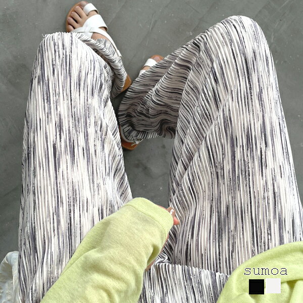 ワイドパンツ　プリーツパンツ　イージーパンツ　ストライプ　フレアパンツ　イージーパンツ　アコーディオン　プリーツ　タイダイ　染め　かすれ柄　セルフカット　カットオフ　速乾　吸汗速乾　ひんやり　冷感　さらっと　夏　涼風　涼しい　UVカット　紫外線カット