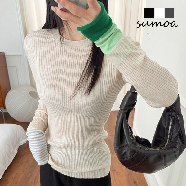 Rakuten - リブニット　配色　ボーダー　バイカラー　ウール　混　ニット　WOOL　セーター　長袖　リブ　プルオーバー　フェミニン　ガーリー　トップス　ニットソー　カットソー　ロンT　　レディース　韓国　袖
