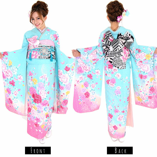 【2026年成人式 1月 予約受付中】【レンタル】振袖 27点 フルセット 一式 【I124】『 薔薇 青ピンク 振り袖 』 Mサイズ 成人式 1月 2025年 結婚式 パーティー 和装 正絹 着物 帯 ショール 草履 バッグ 帯締め 帯揚げ 重ね襟 半衿 セット / バラ ブルー