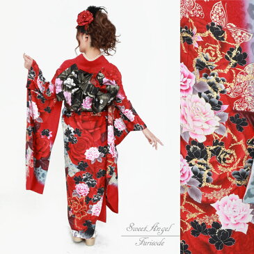 【レンタル】 振袖 27点 フルセット 【M264】『 薔薇 赤黒 振り袖 』 Lサイズ 成人式 2021年 結婚式 パーティー 和装 正絹 着物 帯 ショール 草履 バッグ 帯締め 帯揚げ 重ね襟 半衿 長襦袢 ふりそで セット / バラ 赤 黒 ピンク レッド ブラック 【送料無料】