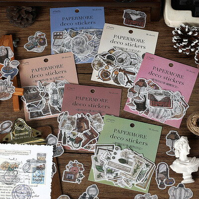 PAPERMOREseineriverhistory(s92)30枚入 シール 和紙 ステッカー フレークシール マステ素材 手描き風 レトロ アンティーク おしゃれ 植物 インテリア 食器 カフェ ティータイム スマホ 手帳 デコ コラージュ アレンジ ジャーナル