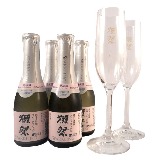 【正規販売店】お酒 お中元 ギフト プレゼント 獺祭 だっさい スパークリング 飲み比べセット 乾杯セット 小 純米大吟醸45発泡 180ml 4本 と フルートグラス 2脚 山口県 旭酒造 日本酒 クール便 送料無料