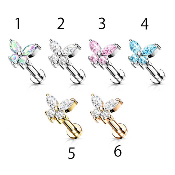CZピアス バタフライ型 小さいピアス 極小 つけっぱなし 軟骨ピアス ネジ 軟骨 ピアス ボディ シンプル セカンド 16G かわいい 軟骨用 サージカルステンレス 付けっぱなし メンズ レディース 男性 女性 1ピース 16ゲージ ステンレススティール316L 金属アレルギー対応