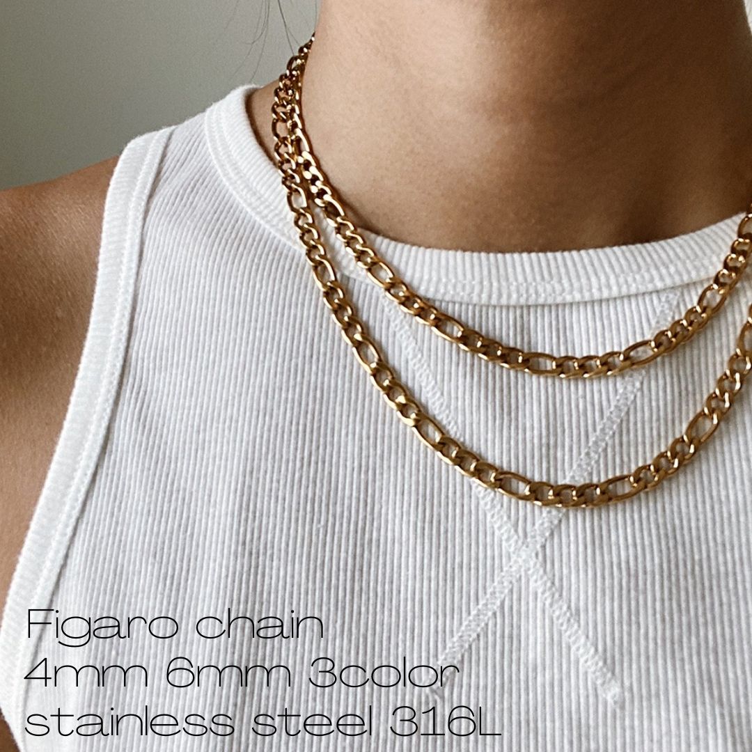 ステンレスネックレス サージカルステンレス製 フィガロチェーンネックレス 4mm幅 6mm幅 3カラー 14Kイエローゴールド シルバー ローズゴールド フィガ...
