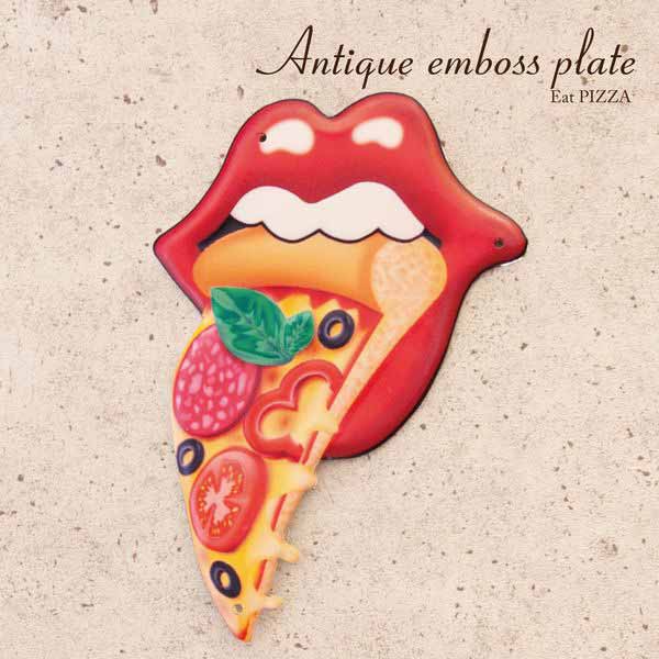 レリーフ アート ウォールデコレーション 家具 インテリア アンティーク エンボスプレート Eat PIZZA ピザ インパクト強い ポップデザイン イラスト ダイカット プレート インパクト絶大 軽量 どこでも気軽に飾る お店やお部屋のアクセント