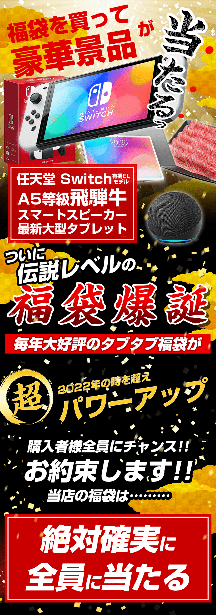 福袋 2023 先行販売開始 豪華賞品が抽選で当たる!! モバイルバッテリー が必ず入るお得な福袋 Switch 家電 お肉 食品 食べ物 飛騨牛 新春 キッズ レディース メンズ 初売 セット 訳あり ポイント消化 詰め合わせ