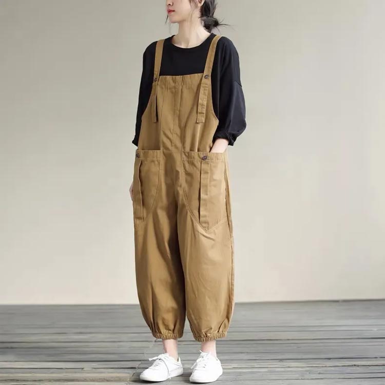 サロペット パンツ レディース 大きいサイズ オールインワン ワイドパンツ ゆったり オーバーオール サルエルパンツ ポケット付き 大人 着こなし つなぎ 無地 春夏 秋 黒 ブラック カーキ ベージュ 綿 麻