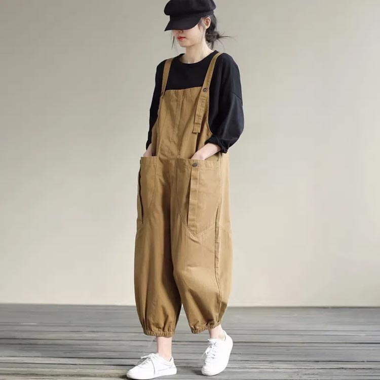 サロペット パンツ レディース 大きいサイズ オールインワン ワイドパンツ ゆったり オーバーオール サルエルパンツ ポケット付き 大人 着こなし つなぎ 無地 春夏 秋 黒 ブラック カーキ ベージュ 綿 麻