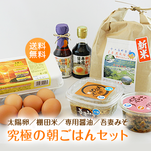 送料無料「究極の朝ごはんセット（太陽卵10個入り×1パック・棚田米2kg・専用醤油2種類・吾妻みそ2種類）」赤玉 鶏卵 ギフト 贈答用 九州産 朝採れ 誕生日 プレゼント 贈り物 白米 令和5年産