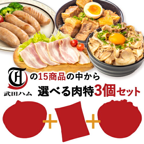 【15種から選べる3個肉得セット】 武田ハム 食品 豚肉 燻製 豚ばら ソーセージ チャーシュー 煮豚 角煮 ベーコン フランク カルビ プルコギ手羽元 トンテキ ギフト お取り寄せ 詰め合わせ 送料無料 味付け肉 お年賀のサムネイル