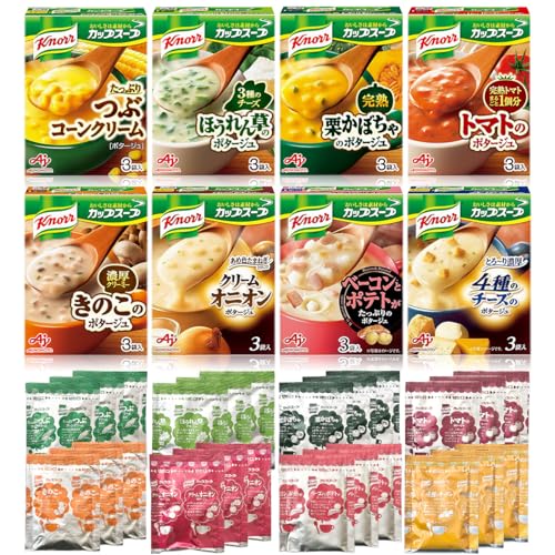 特殊:B0BT6WNG38コード:4901625495539ブランド:クノール商品カラー: 緑商品重量:534300 この商品について お湯溶きスープ 色: 緑 パッケージ重量: 534.3 g 種類: 8種バラエティ ブラント名: 味の素 表示件数を増やす 発送サイズ: 高さ24.5、幅13、奥行き9.5発送重量:560商品紹介｢クノール カップスープ｣シリーズの8種を一つにしたバラエティセットです。セット内容:つぶたっぷりコーンクリーム、チーズ仕立てのほうれん草のポタージュ、栗かぼちゃのポタージュ、完熟トマトまるごと1個分使ったポタージュ、ミルク仕立てのきのこのポタージュ、ベーコンとポテトがたっぷりのポタージュ、4種のチーズのとろ り濃厚ポタージュ、クリームオニオンポタージュ 各1箱づつ。原材料 成分 つぶたっぷりコーン スイートコーン(アメリカ又は日本)、でん粉、砂糖、クリーミングパウダー、食塩、デキストリン、乳糖、食用加工油脂、脱脂粉乳、じゃがいも、バターソテーオニオンパウダー、コーン加工品、コーンバターパウダー、酵母エキス、オニオン、麦芽糖、乳たん白、香辛料、チキンエキス、うきみ(スイートコーン)/調味料(アミノ酸等)、(一部に小麦 乳成分 大豆 鶏肉を含む) ほうれん草 でん粉(国内製造)、クリーミングパウダー、チーズ、食用加工油脂、食塩、砂糖、オニオン、全粉乳、酵母エキス、濃縮ホエイ、デキストリン、香辛料、チキンブイヨンパウダー、うきみ(ほうれんそう)/調味料(アミノ酸等)、酸化防止剤(ビタミンE)、(一部に小麦 乳成分 大豆 鶏肉を含む) 栗かぼちゃ かぼちゃ(アメリカ又はニュージーランド)、砂糖、でん粉、クリーミングパウダー、じゃがいも、食用加工油脂、食塩、全粉乳、酵母エキス、果糖、オニオンエキス調味料、バターソテーオニオンパウダー、デキストリン、チキンブイヨンパウダー、香辛料、うきみ(乾燥かぼちゃ)/調味料(アミノ酸等)、酸化防止剤(ビタミンE)、(一部に小麦 乳成分 大豆 鶏肉を含む) 完熟トマト トマトパウダー(国内製造、スペイン製造)、でん粉、クリーミングパウダー、乳糖、砂糖、食塩、食用加工油脂、チーズ、全粉乳、酵母エキス、こんぶエキス、トマトエキス、オニオン、デキストリン、香辛料、粉末しょうゆ、小麦発酵調味料、うきみ(乾燥トマト、パセリ)/調味料(アミノ酸等)、酸味料、(一部に小麦 乳成分 大豆を含む) きのこ でん粉(国内製造)、クリーミングパウダー、砂糖、食塩、デキストリン、食用加工油脂、全粉乳、マッシュルーム、じゃがいも、バターソテーマッシュルームパウダー、乳たん白、オニオンエキス、しいたけ、バターソテーオニオンパウダー、こしょう、酵母エキス、うきみ(乾燥ぶなしめじ、パセリ)/調味料(アミノ酸等)、酸化防止剤(ビタミンE)、(一部に小麦 乳成分 大豆を含む) ベーコンポテト マッシュポテト(国内製造又はドイツ製造)、クリーミングパウダー、食用加工油脂、砂糖、食塩、チーズ、オニオンエキス、酵母エキス、オニオン、全粉乳、香辛料、バターソテーオニオンパウダー、デキストリン、フライドガーリックパウダー、チキンエキス、うきみ(ベーコンチップ、ローストオニオン、ポテト)/加工でん粉、調味料(アミノ酸等)、酸化防止剤(ビタミンE、ローズマリー抽出物)、(一部に小麦 乳成分 大豆 鶏肉 豚肉を含む) 4種のチーズ チーズ(デンマーク製造)、クリーミングパウダー、食用加工油脂、デキストリン、乳糖、食塩、砂糖、酵母エキス、オニオン、香辛料、バターソテーオニオンパウダー、チキンエキス、うきみ(チーズクルトン、パセリ)/加工でん粉、調味料(アミノ酸等)、乳化剤、酸味料、膨脹剤、(一部に小麦 乳成分 大豆 鶏肉を含む) クリームオニオン クリーミングパウダー(タイ製造、国内製造、インドネシア製造)、でん粉、食用加工油脂、ローストオニオンパウダー、砂糖、じゃがいも、食塩、デキストリン、チーズ、オニオンエキス、全粉乳、オニオン、バターソテーオニオンパウダー、香辛料、酵母エキス発酵調味料、うきみ(たまねぎ調味品、パセリ)/調味料(アミノ酸等)、糊料(グァーガム)、酸化防止剤(ビタミンE)、(一部に小麦 乳成分 大豆を含む)メーカーによる説明クノールカップスープは、産地や旬にこだわった素材をたっぷり使ってていねいに、ていねいに作られたスープで、とろ〜り、栄養、いただきます。「クノール　カップスープ」人気の8種の詰め合わせセット たっぷりつぶコーンクリーム ほうれん草のポタージュ かぼちゃのポタージュ トマトのポタージュ きのこのポタージュ クリームオニオンポタージュ ベーコンとポテトがたっぷりのポタージュ 4種のチーズポタージュ忙しい朝食、昼食、間食、小腹を満たしたいとき、ほっとしたいとき、オフィスでなど、様 なシーンでお召し上がりください。自分のため、家族のため、カラダのことをちゃんとしたいすべての人にオススメです。熱湯を注ぎ、かき混ぜてから1分待つだけで完成なので、手軽に準備できます。忙しい朝にもおすすめ スープで朝ごはんはもちろん、パンやトーストと合わせたり、ごはんとチーズを併せてリゾットにしたり 自分好みにアレンジするのも「カップスープ」の楽しさ その日の気分に合わせてお気に入りを見つけよう。種類が豊富なのでその日の気分で色んなスープを楽しめます。味の素 クノール カップスープ バラエティセット 28本入り味の素 クノール カップスープ 野菜のポタージュ バラエティセット 21本入り味の素 クノール カップスープ プレミアム バラエティセット 13本入り 限定 味の素 クノール スープ DELI 5種のバラエティ 10食セット味の素 クノール カップスープ オニオンコンソメ 30袋入味の素 マッケンチーズ 1食分 8個 マカロニチーズ マカロニ&チーズ 購入オプションカートに入れるカートに入れるカートに入れるカートに入れるカートに入れるカスタマーレビュー5つ星のうち4.4 2,4815つ星のうち4.2 1,8535つ星のうち4.3 1,4785つ星のうち4.1 3935つ星のうち4.4 6755つ星のうち4.0 1,713価格—no data 1,958 1,958 1,777 1,777 1,927 1,927 1,584 1,584 1,656 1,656商品特長味の素 クノールカップスープバラエティセット28本入りは、コーンクリーム、ポタージュ、オニオンコンソメの3つのメニューを詰め合わせた、お得なアソートタイプのインスタントスープです。個包装のスティックタイプなので、カップに入れやすく、場所を取らずに収納でき、持ち運びにも便利です。忙しい朝食、昼食、間食、小腹を満たしたいとき、気分をほっとさせたいとき、オフィスでなど、様 なシーンでお召し上がりください。慌ただしく過ぎる日常の中、いつも頑張る自分への ご褒美 となる「クノール」カップスーププレミアムシリーズは、当社独自の原料と製法にこだわった、素材がじっくりとけこむ濃厚な味わいで、プチ贅沢な気分が楽しめるスープです。5種の味が選べるセット商品です。選べる楽しさ 調理の手間がなく、かんたん 便利に食べられます 複数の野菜と肉のおいしさ 栄養が溶け込んだ、透明感があり奥深い複雑な味わいが楽しめるコンソメスープです。 お湯を注ぐだけで簡単に作れるので、メインを引き立てる献立の+1品や仕事や勉強の合間の間食の代わりとして幅広いオケージョンでお楽しみいただけます。チーズ好きにはたまらないマッケンチーズを「個食 簡便 即食」と手軽にお楽しみいただけます。5種のチーズ入り濃厚とろとろチーズソース もちもちパスタのやみつきメニューが自宅でのゆったり時間を一層楽しいものとします。内容量28食入り21食入り13食入り10食入り30袋入り8食入り