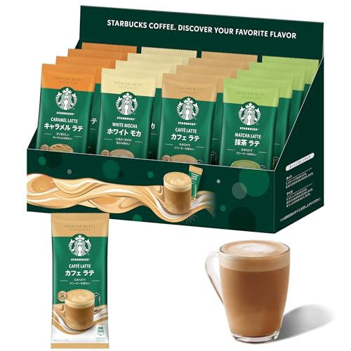特殊:B0GCLSHWX8コード:4903310197827ブランド:STARBUCKS この商品について スターバックス プレミアムミックス カフェ ラテ：クリーミングパウダー 無脂肪牛乳、水あめ、植物油脂 スペイン製造 、脱脂粉乳、砂糖、コーヒー、デキストリン、乳糖、食塩、植物油脂 pH調整剤、カゼインNa、香料　 スターバックス プレミアムミックス キャラメルラテ：砂糖 外国製造 、脱脂粉乳、クリーミングパウダー 無脂肪牛乳、水あめ、植物油脂 、コーヒー、デキストリン、乳糖、植物油脂 pH調整剤、カゼインNa、香料　 スターバックス プレミアムミックス 抹茶ラテ：砂糖 外国製造 、脱脂粉乳、クリーミングパウダー 無脂肪牛乳、水あめ、植物油脂 、抹茶、デキストリン、乳糖、植物油脂 pH調整剤、カゼインNa　 スターバックス プレミアムミックス ホワイト モカ：砂糖 外国製造 、脱脂粉乳、クリーミングパウダー 無脂肪牛乳、水あめ、植物油脂 、コーヒー、デキストリン、乳糖、植物油脂 pH調整剤、カゼインNa、香料 スターバックスのラテ系メニューをご自宅で簡単に楽しめるプレミアムミックスシリーズです。4種の人気フレーバーをアソートしました。 カフェラテ キャラメルラテ 抹茶ラテ、ホワイトモカ 表示件数を増やす 発送サイズ: 高さ26.5、幅15.6、奥行き7発送重量:530商品紹介スターバックスのラテ系メニューをご自宅でも簡単に楽しめるプレミアムミックスシリーズです。4種の人気フレーバー「カフェラテ」「キャラメルラテ」「抹茶ラテ」「ホワイトモカ」をアソートしました。原材料 成分 スターバックス プレミアムミックス カフェ ラテ：クリーミングパウダー 無脂肪牛乳、水あめ、植物油脂 スペイン製造 、脱脂粉乳、砂糖、コーヒー、デキストリン、乳糖、食塩、植物油脂 pH調整剤、カゼインNa、香料　 スターバックス プレミアムミックス キャラメルラテ：砂糖 外国製造 、脱脂粉乳、クリーミングパウダー 無脂肪牛乳、水あめ、植物油脂 、コーヒー、デキストリン、乳糖、植物油脂 pH調整剤、カゼインNa、香料　 スターバックス プレミアムミックス 抹茶ラテ：砂糖 外国製造 、脱脂粉乳、クリーミングパウダー 無脂肪牛乳、水あめ、植物油脂 、抹茶、デキストリン、乳糖、植物油脂 pH調整剤、カゼインNa　 スターバックス プレミアムミックス ホワイト モカ：砂糖 外国製造 、脱脂粉乳、クリーミングパウダー 無脂肪牛乳、水あめ、植物油脂 、コーヒー、デキストリン、乳糖、植物油脂 pH調整剤、カゼインNa、香料メーカーによる説明スターバックスのラテ系メニューをご自宅で簡単に楽しめるプレミアムミックスシリーズカフェ ラテ厳選した100 アラビカ豆のコーヒーと全脂粉乳を使用し、ミルクリッチな味わいを実現。なめらかでクリーミーな味わいが特長のカフェラテ。キャラメル ラテ厳選した100 アラビカ豆のコーヒーと全脂粉乳を使用し、ミルクリッチな味わいを実現。甘く香ばしいキャラメルの味わいが特長のキャラメルラテ。抹茶 ラテ厳選した抹茶と全脂粉乳を使用し、ミルクリッチな味わいを実現。 厳選抹茶を使用し、なめらかでクリーミーな味わいが特長の抹茶ラテ。カフェ モカ厳選した100 アラビカ豆のコーヒーと全脂粉乳を使用し、ミルクリッチな味わいを実現。とろけるようなチョコレートの甘さ特長のカフェモカ。ホワイト モカ厳選した100%アラビカ豆のコーヒーと全脂粉乳を使用し、ミルクリッチな味わいを実現。やわらかな泡、心地よい甘さのホワイトチョコレートの味わいが特長のホワイトモカ。ネスレ スターバックス プレミアムミックス カフェ ラテ スティックコーヒー 4P 3箱ネスレ スターバックス プレミアムミックス キャラメル ラテ スティックコーヒー 4P 3箱ネスレ スターバックス プレミアムミックス 抹茶 ラテ スティックコーヒー 4P 3箱ネスレ スターバックス プレミアムミックス カフェ モカ スティックコーヒー 4P 3箱スターバックス プレミアム ミックス ホワイト モカ 4P 3箱カートに入れるカートに入れる購入オプション購入オプションカートに入れるカスタマーレビュー5つ星のうち4.0 4015つ星のうち4.4 3155つ星のうち4.4 5405つ星のうち4.4 3915つ星のうち4.5 297価格 1,614 1,614 1,527 1,527—no data—no data 2,151 2,151特長厳選した100 アラビカ豆のコーヒーと全脂粉乳を使用し、ミルクリッチな味わいを実現。なめらかでクリーミーな味わいが特長のカフェラテ。厳選した100 アラビカ豆のコーヒーと全脂粉乳を使用し、ミルクリッチな味わいを実現。甘く香ばしいキャラメルの味わいが特長のキャラメルラテ。厳選した抹茶と全脂粉乳を使用し、ミルクリッチな味わいを実現。 厳選抹茶を使用し、なめらかでクリーミーな味わいが特長の抹茶ラテ。厳選した100 アラビカ豆のコーヒーと全脂粉乳を使用し、ミルクリッチな味わいを実現。とろけるようなチョコレートの甘さ特長のカフェモカ。厳選した100%アラビカ豆のコーヒーと全脂粉乳を使用し、ミルクリッチな味わいを実現。やわらかな泡、心地よい甘さのホワイトチョコレートの味わいが特長のホワイトモカ。内容量4本 3箱4本 3箱4本 3箱4本 3箱4本 3箱