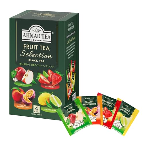 特殊:B0F7X94F4Dコード:2504250000011ブランド:AHMAD TEA (アーマッドティー) この商品について 4種のフルーツティーが楽しめるティーバッグアソート 表示件数を増やす 発送サイズ: 高さ33.1、幅22.7、奥行き14.1発送重量:1120商品紹介 商品紹介 ~フルーツが豊かに香るフレーバーティー詰め合わせ4種セット~英国紅茶ブランドAHMAD TEA(アーマッドティー)が贈るおうちでカフェ気分を楽しめる本格紅茶のティーバッグ。厳選茶葉にドライフルーツチップ 果実片 をブレンドしているので、フルーツそのもののナチュラルな香りが楽しめます。4種のフルーツティーを1箱でお楽しみ頂けるバラエティ豊かなアソートタイプ。アルミ個包装なので香りが飛びにくく、オフィスや旅行などの持ち運びにも便利です。 アソート内容 1)アップル：リンゴ本来の爽やかでジューシーな香り。お砂糖を加えても。2)ストロベリー：甘酸っぱいいちごの香り3)レモン&ライム：レモンとライムの絶妙なバランス。レモンティーがお好きな方に。4)ピーチ&パッションフルーツ：トロピカルで華やかな香り。ピーチティーがお好きな方に。 アーマッドティーのこだわり 茶葉はイギリス本国のティーテイスターが世界中から厳選したものを使用。味わいはもちろん 、水色 すいしょく 、香り、 形に までこだわり抜かれた茶葉と熟練のブレンド技術に裏打ちされた、濃くしっかりとした味わいが特徴です。毎日 500 杯以上 テイスティング を行い、 多彩なブレンドの味わい と 品質を守り続けています。高品質なので、ギフトやプレゼントにも。 製造地について 日本で販売しているアーマッドティー 製品 のほとんどは アラブ首長国連邦 UAE の自社工場でブレンド、 製造されています。 中東に位置する UAE は、茶葉 の主要生産地 インド スリランカ アフリカ東部 から近く、世界各国への 出荷に も適しています。 最新鋭の工場では太陽光パネルを活用する等 、環境保全にも積極的に取り組んでいます。 パッケージの「原産国」には、規定に則り商品によって茶葉の産地または製造地を記載しています。 会社紹介 英国 紅茶 アーマッドティー AHMAD TEA は、「高品質 良心価格」という基本理念のもと、高いブレンド技術と豊富なラインナップが評価され、 世界 80 か国以上で愛されています。伝統的なブレンドから、フレーバーティー、デカフェタイプ、ノンカフェインのハーブティーまで今日を彩る 、 とっておきの一杯を お届けします。世界中で愛されるグローバルブランドとしての自覚をもち、生産者の生活を守る取り組みや、チャリティー活動も活発に行っています。輸入 総代理店である富永貿易は、豊かな食を支える企業として、社会から必要とされる存在を目指し、すべての関係者に「安心」と「幸せ」を提供します原材料 成分 アップル 紅茶、乾燥果実 アップル /香料、 ストロベリー 紅茶、乾燥果実 ストロベリー /香料、 ピーチ パッションフルーツ 紅茶、乾燥果実 ピーチ、パッションフルーツ /香料、 レモン ライム 紅茶、乾燥果実 レモンピール、ライムピール /香料メーカーによる説明AHMAD TEA (アーマッドティー) アーマッドティー フルーツセレクション ティーバッグ 20袋 12個アーマッドティー フルーツセレクション ティーバッグ 20袋 3個 アソート アップル レモン&ライム ピーチ&パッションフルーツ ストロベリー 紅茶 A...カートに入れるカートに入れるカスタマーレビュー5つ星のうち4.2 5635つ星のうち4.2 563内容量20袋 12個20袋 3個風味アップル/レモン&ライム/ピーチ&パッションフルーツ/ストロベリーアップル/レモン&ライム/ピーチ&パッションフルーツ/ストロベリータイプティーバッグティーバッグ