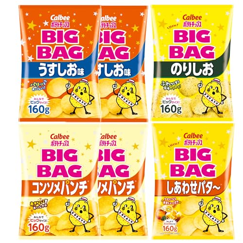 特殊:B0CYZ2V6WCコード:4580798047174ブランド:ポテトチップス ポテトチップスうすしお味：数種類の塩を使用することで ​じゃがいものうまみをより活かし​パリッと食感に今まで以上に合うしお味を追求しました。​ ポテトチップスコンソメパンチ：数種類の素材を煮込んだ本格2段仕込みコンソメスープから作るコク深いパウダーと 秘伝のパンチパウダーを使用した パンチの効いたあきのこないおいしさです。 ポテトチップスのりしお：風味豊かな青のりとあおさ それを引き立てる塩味 旨みの絶妙なバランスが楽しめます。青のりの風味と「ほたてエキス」の甘みとうま味で のりのおいしさを引き立てました。 ポテトチップスしあわせバタ ：「バター」「はちみつ」「パセリ」「マスカルポーネチーズ」の4つの素材( )を合わせた、4あわせ(しあわせ)バター味。隠し味のレモンパウダーによって甘さと塩気のバランスが整った、ほんのりあまじょっぱいおいしさです。 バター、はちみつ、マスカルポーネチーズはパウダーを使用しています。› もっと見る ポテトチップスうすしお味：数種類の塩を使用することで ​じゃがいものうまみをより活かし​パリッと食感に今まで以上に合うしお味を追求しました。​ ポテトチップスコンソメパンチ：数種類の素材を煮込んだ本格2段仕込みコンソメスープから作るコク深いパウダーと 秘伝のパンチパウダーを使用した パンチの効いたあきのこないおいしさです。 ポテトチップスのりしお：風味豊かな青のりとあおさ それを引き立てる塩味 旨みの絶妙なバランスが楽しめます。青のりの風味と「ほたてエキス」の甘みとうま味で のりのおいしさを引き立てました。 ポテトチップスしあわせバタ ：「バター」「はちみつ」「パセリ」「マスカルポーネチーズ」の4つの素材( )を合わせた、4あわせ(しあわせ)バター味。隠し味のレモンパウダーによって甘さと塩気のバランスが整った、ほんのりあまじょっぱいおいしさです。 バター、はちみつ、マスカルポーネチーズはパウダーを使用しています。› もっと見る発送サイズ: 高さ46.5、幅29.4、奥行き21.5発送重量:1400商品紹介カルビー　ポテトチップスビッグバッグ　4種アソート　計6袋原材料 成分裏面画像参照メーカーによる説明堅あげポテト　バラエティ3種アソートポテトチップスBIGバック　6種アソートバラエティスナック 12種アソートカートに入れるカートに入れる購入オプションカスタマーレビュー5つ星のうち4.5 55つ星のうち4.2 10—価格 2,690 2,690 2,990 2,990—no data規格計12袋計6袋計12袋じゃがりこ　3種アソートJagabee　3種アソートJagabee　2種アソートJagabee　2種アソートカートに入れるカートに入れる購入オプションカートに入れるカスタマーレビュー5つ星のうち4.3 75つ星のうち3.6 65つ星のうち5.0 55つ星のうち4.4 3価格 2,590 2,590 2,384 2,384—no data 2,381 2,381規格計12個計6箱計6袋計12袋ポテトチップスビッグバッグ 4種アソートポテトチップスビッグバッグ 3種アソートポテトチップスビッグバッグ 3種アソートポテトチップス 5種アソートポテトチップス 4種アソートポテトチップス 3種アソートカートに入れるカートに入れるカートに入れる購入オプション購入オプション購入オプションカスタマーレビュー5つ星のうち4.6 95つ星のうち4.6 205つ星のうち4.2 45つ星のうち4.2 165つ星のうち3.7 145つ星のうち4.5 21価格 2,333 2,333 2,333 2,333 5,990 5,990—no data—no data—no data規格計6袋計6袋計12袋計12袋計12袋計12袋