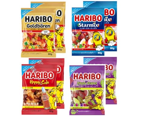 特殊:B0FQMP6M7Xコード:4903310196516ブランド:HARIBO商品カラー: イエロー この商品について ハリボー80gを4種類 ゴールドベア、ハッピーコーラ、スターミックス、ハッピーグレープ セット。各種2個入り、計8個入り。 原産国 ハンガリー、オーストリア 表示件数を増やす 発送サイズ: 高さ24.4、幅18.5、奥行き7.3発送重量:660商品紹介ハリボー80gを4種類 ゴールドベア、ハッピーコーラ、スターミックス、ハッピーグレープ セット。各種2個入り、計8個入り。原材料 成分ゴールドベア：水あめ、砂糖、ゼラチン、ぶどう糖、濃縮還元果汁 りんご、ストロベリー、ラズベリー、オレンジ、レモン、パイナップル 酸味料、着色料 果汁、フラボノイド、スピルリナ青、アントシアニン 、香料、光沢剤、 一部にオレンジ キウイフルーツ りんご ゼラチンを含む ハッピーコーラ：水あめ、砂糖、ゼラチン、ぶどう糖 酸味料、着色料 カラメル 、香料、光沢剤、 一部にゼラチンを含む ハッピーグレープ：水あめ、砂糖、ぶどう糖、ゼラチン、濃縮ぶどう果汁/ソルビトール、クエン酸、ゲル化剤 寒天 、着色料 野菜ジュース、スピルリナ青、りんご果汁 、香料、光沢剤、 一部にりんご ゼラチンを含む スターミックス：水あめ、砂糖、ゼラチン、ぶどう糖、濃縮還元果汁(りんご、ラズベリー、オレンジ、レモン)/酸味料、着色料(果汁、スピルリナ青、フラボノイド、カラメル、アントシアニン)、香料、光沢剤、(一部にオレンジ キウイ りんご ゼラチンを含む)