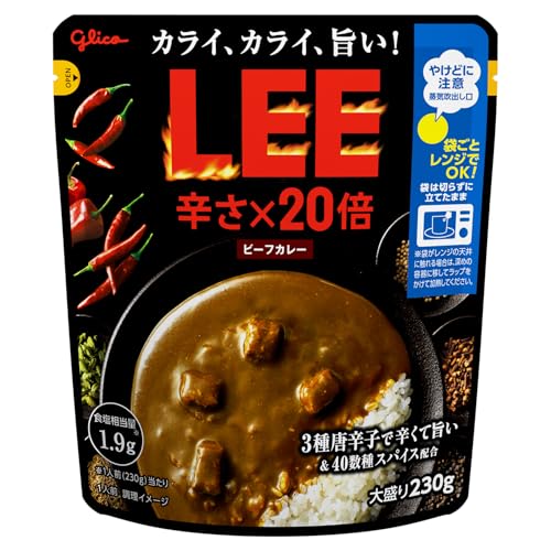 特殊:B0DBPTTCHGコード:4974062082693ブランド:LEE規格：4974062082693 この商品について 原材料：牛肉 オーストラリア 、たまねぎペースト、ラード、小麦粉、炒めたまねぎペースト、チキンブイヨン、カレー粉、砂糖、トマトペースト、米でん粉、香辛料、ウスターソース、ポークエキス、水あめ、バター、たん白加水分解物、酵母エキス、ココアパウダー、フライドガーリックパウダー、香味油、しょうがパウダー、食塩 調味料 アミノ酸等 、香料、 一部に乳成分 小麦 牛肉 大豆 鶏肉 豚肉 りんごを含む 商品サイズ(高さx奥行x幅):15.8cm 14cm 12.5cm 表示件数を増やす 発送サイズ: 高さ15.5、幅14、奥行き12.5発送重量:1250商品紹介カライ、カライ、旨い 3種唐辛子のブレンドで、唐辛子の辛みと旨みが引き立つ、本格辛口ビーフカレーです。40数種スパイスと香味野菜の豊かな香りが溶け込んだ、クセになる辛旨さをお楽しみください。常温保存できるので、忙しい時 手軽に済ませたい時の食事の為の買い置きにもおすすめです。袋ごと電子レンジで温められるので、お湯を沸かすなどの手間がかからずお楽しみいただけます。原材料 成分牛肉 オーストラリア 、たまねぎペースト、ラード、小麦粉、炒めたまねぎペースト、チキンブイヨン、カレー粉、砂糖、トマトペースト、米でん粉、香辛料、ウスターソース、ポークエキス、水あめ、バター、たん白加水分解物、酵母エキス、ココアパウダー、フライドガーリックパウダー、香味油、しょうがパウダー、食塩 調味料 アミノ酸等 、香料、 一部に乳成分 小麦 牛肉 大豆 鶏肉 豚肉 りんごを含む メーカーによる説明LEE(リー) ビーフカレーLEE 辛さ 10倍 180g 10個 江崎グリコ (超辛/大辛/辛口/スパイス/常温保存/レトルト/詰め合わせ/リー)LEE(リー) ビーフカレーLEE 辛さ 20倍 180g 10個 江崎グリコ (超辛/大辛/辛口/スパイス/常温保存/レトルト/詰め合わせ/リー)ビーフカレーLEE 大盛り辛さ 20倍 230g 5個 江崎グリコ (超辛/大辛/辛口/スパイス/常温保存/レトルト/詰め合わせ/リー)LEE(リー) ビーフカレー 辛さ 30倍 180g 10個 江崎グリコ (超辛/大辛/辛口/スパイス/常温保存/レトルト/詰め合わせ/リー)カートに入れるカートに入れるカートに入れるカートに入れるカスタマーレビュー5つ星のうち4.1 685つ星のうち3.9 495つ星のうち4.0 945つ星のうち4.5 94風味ビーフ(辛さ 10倍)ビーフ(辛さ 20倍)ビーフ(辛さ 20倍)ビーフ(辛さ 30倍)内容量180g 10個180g 10個230g 5個180g 10個電子レンジ対応no datano data✓no data