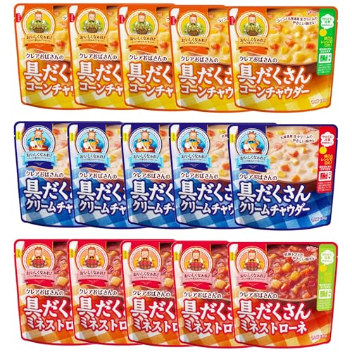 特殊:B07PBVZ6KWコード:4901005203297ブランド:クレアおばさん規格：6203290商品重量:2700000 この商品について 「クレアおばさん」こだわりのブイヨンをベースに仕上げた、コクのある味わいの具だくさんスープ3種類を詰め合わせたギフトセットです。 クリームチャウダー 北海道産生クリームを使用し、クリーミーに仕上げました。にんじん、じゃがいもなどの野菜がたっぷり入って具だくさん。じっくり煮込まれたようなとろみが、満足感のある食べ応えです。 ミネストローネ 完熟トマトのまろやかな旨みが味わえます。にんじん、じゃがいもなどの野菜がたっぷり入って具だくさん。じっくり煮込まれたようなとろみが、満足感のある食べ応えです。 コーンチャウダー 甘みのあるコーンと北海道産生クリームが溶け込んでいます。じゃがいも、たまねぎ、スイートコーン、にんじんなどの野菜がたっぷり入って具だくさん。じっくり煮込まれたようなとろみが、満足感のある食べ応えです。 レンジで簡単 袋ごと電子レンジで温められるので、お湯を沸かすなどの手間がかからずお楽しみいただけます。 便利なレトルト 常温保存できるので、忙しい時 手軽に済ませたい時の食事の為の買い置きにもおすすめです。離れて暮らす家族への仕送りなどにもご活用ください。 表示件数を増やす 発送サイズ: 高さ38.1、幅16.5、奥行き15.6発送重量:3170商品紹介 「クレアおばさん」こだわりのブイヨンをベースに仕上げた、コクのある味わいの具だくさんスープ3種15食入りのギフトセットです。 クリームチャウダー 北海道産生クリームを使用し、クリーミーに仕上げました。にんじん、じゃがいもなどの野菜がたっぷり入って具だくさん。じっくり煮込まれたようなとろみが、満足感のある食べ応えです。 ミネストローネ 完熟トマトのまろやかな旨みが味わえます。にんじん、じゃがいもなどの野菜がたっぷり入って具だくさん。じっくり煮込まれたようなとろみが、満足感のある食べ応えです。 コーンチャウダー 甘みのあるコーンと北海道産生クリームが溶け込んでいます。じゃがいも、たまねぎ、スイートコーン、にんじんなどの野菜がたっぷり入って具だくさん。じっくり煮込まれたようなとろみが、満足感のある食べ応えです。 袋ごと電子レンジで温められるので、お湯を沸かすなどの手間がかからずお楽しみいただけます。 常温保存できるので、忙しい時 手軽に済ませたい時の食事の為の買い置きにもおすすめです。 離れて暮らす家族への仕送りなどにもご活用ください。原材料 成分 具だくさんクリームチャウダー :野菜(じゃがいも(中国)、たまねぎ、にんじん、スイートコーン)、濃縮乳、鶏肉、クリーミングパウダー、砂糖、クリーム、チーズパウダー、チキンブイヨン、バター、食塩、チキンブイヨンパウダー、チキンエキスパウダー、たん白加水分解物、たまねぎエキス、香味油、香辛料、酵母エキス/増粘剤(加工デンプン)、調味料(アミノ酸等)、香料、(一部に乳成分 小麦 大豆 鶏肉を含む) 具だくさんミネストローネ :野菜(じゃがいも(中国)、たまねぎ、キャベツ、にんじん、トマト、赤ピーマン)、トマトペースト、砂糖、チキンブイヨン、炒めたまねぎペースト、食塩、たん白加水分解物、食酢、にんにくペースト、ローストガーリックシーズニング、香辛料、酵母エキス、チーズパウダー/増粘剤(加工デンプン)、調味料(アミノ酸等)、香料、(一部に乳成分 大豆 鶏肉を含む) 具だくさんコーンチャウダー :野菜(じゃがいも(中国)、たまねぎ、スイートコーン、にんじん)、とうもろこしペースト、濃縮乳、砂糖、クリーミングパウダー、クリーム、チーズパウダー、バター、チキンブイヨン、食塩、チキンブイヨンパウダー、たまねぎエキス、たん白加水分解物、香辛料、酵母エキス/増粘剤(加工デンプン)、調味料(アミノ酸等)、香料、カロチノイド色素、(一部に乳成分 小麦 大豆 鶏肉を含む)続きを見るブランド紹介 電子レンジ対応パウチ シリーズストアにアクセス 8皿分のシチュールウストアにアクセス 8皿分のシチュールウストアにアクセスメーカーによる説明袋のままレンジで温めOK 簡単、おいしいクレアおばさんの具だくさんなレトルトスープです。味は全部で3種類 各5個ずつ入ったお得な詰め合わせセットですレンジに袋のまま入れて温めるだけ お子様から大人まで幅広くお召し上がりいただけます 商品 ：具だくさんクリームチャウダー商品 ：具だくさんミネストローネ商品 ：具だくさんコーンチャウダー 単品 具だくさんクリームチャウダー 単品 具だくさんミネストローネ 単品 具だくさんコーンチャウダー 詰め合わせ レンジ対応4種セット こちらもおすすめ DONBURI亭 詰め合わせ こちらもおすすめ カレー職人 詰め合わせカートに入れるカートに入れるカートに入れるカートに入れるカートに入れる購入オプションカスタマーレビュー5つ星のうち4.1 1295つ星のうち4.3 605つ星のうち4.2 585つ星のうち4.2 255つ星のうち3.9 9095つ星のうち4.0 485価格 2,354 2,354 2,614 2,614 2,613 2,613 2,773 2,773 2,888 2,888—no data内容量180g 10個180g 10個180g 10個4種8食セット5種10食セット7種10食セット