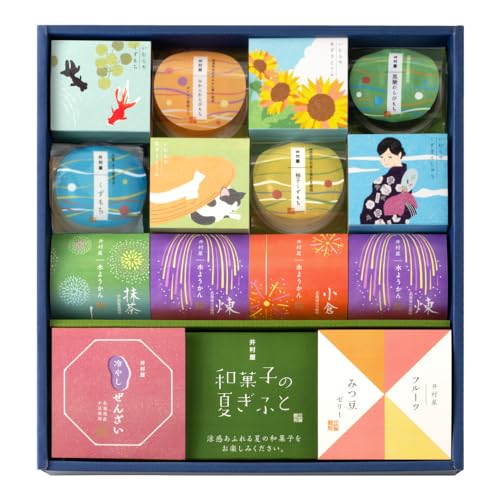特殊:B0CSRP3KRQコード:4901006124560ブランド:井村屋規格：4901006124560商品サイズ: 高さ5.3、幅32.1、奥行き33.9 この商品について ギフト 表示件数を増やす 発送サイズ: 高さ34.5、幅32.1、奥行き5.4発送重量:1770商品紹介涼感豊かな和菓子を詰め合わせた、夏らしさあふれるギフトです。原材料 成分 水ようかん煉 砂糖(国内製造)、生あん(小豆)、小豆、寒天、食塩　 水ようかん抹茶 砂糖(国内製造)、生あん(いんげん豆)、抹茶、寒天、食塩 加工でん粉、クチナシ色素　 水ようかん小倉 砂糖(国内製造)、生あん(小豆)、小豆甘納豆 砂糖、小豆 、小豆、寒天、食塩　 あずきとうふ 砂糖 国内製造 、生あん 小豆 、くず粉、甘藷でん粉 加工でん粉、ゲル化剤 増粘多糖類 　 くずもち(黒みつ きな粉付 砂糖(国内製造)、黒みつ、きな粉(大豆、砂糖)、粉末油脂、くず粉 加工でん粉、ゲル化剤(増粘多糖類)、カラメル色素、香料、増粘剤(キサンタンガム)、酸味料、乳化剤、(一部に乳成分 大豆を含む)　 柚子くずもち 砂糖(国内製造)、ゆず皮、ゆず果汁、くず粉 加工でん粉、ゲル化剤(増粘多糖類)、酸味料、香料、(一部に大豆を含む)　 くずまんじゅう 砂糖(国内製造)、生あん 小豆 、くず粉、粉末油脂 加工でん粉 、ゲル化剤(増粘多糖類)、乳化剤、(一部に乳成分 大豆を含む)　 黒糖わらびもち グラニュー糖(国内製造)、黒糖蜜、黒糖、わらび粉 ゲル化剤(増粘多糖類)、加工でん粉、カラメル色素　 みかんわらびもち 砂糖 国内製造 、みかん果汁、オレンジシラップ漬け、わらび粉、寒天 ゲル化剤 増粘多糖類 、酸味料、香料、乳化剤、加工でん粉、パプリカ色素、カロテン色素、 一部にオレンジを含む 冷やしぜんざい 砂糖(国内製造)、小豆、食塩 加工でん粉　 フルーツみつまめゼリー 砂糖混合ぶどう糖果糖液糖 国内製造 、パインアップルシラップ漬け、みかんシラップ漬け、砂糖、赤えんどう、寒天 酸味料、ゲル化剤(増粘多糖類)、香料、カロテン色素メーカーによる説明井村屋 和菓子屋の夏ギフトNG-30 14個夏の涼を感じられる、バラエティ豊かな和菓子の詰め合わせギフト。みずみずしくなめらかな水ようかん、もちもちぷるんとしたくずもち、わらびもちなど、様 な和の涼菓が楽しめます。｢日本の夏｣をテーマにしたデザインで、向日葵や花火、水風船など、夏の風物詩をあしらっています。 水ようかん煉 小倉 、 くずまんじゅう 、 冷やしぜんざい 、 あずきとうふ 北海道産小豆使用 水ようかん抹茶 宇治抹茶使用 くずもち 別添きな粉、黒みつ付 黒糖わらびもち 沖縄県産黒糖使用 柚子くずもち 国産のゆず皮、ゆず果汁使用 みかんわらびもち 愛媛県産温州みかん果汁使用 オレンジ果肉入りこんなシーンにおすすめ手土産 お礼の品に来客時のお茶請けにご自宅でのリラックスタイムに井村屋 1000カップ水ようかん C-10 3種 8個井村屋 1500カップ水ようかん C-15 3種 12個井村屋 2000カップ水ようかん C-20 3種 16個井村屋 マイギフト MG-15(9個入)井村屋 マイギフト MG-20(12個入) 詰め合わせ 井村屋 和菓子屋の夏ギフトNG-30 14個 詰め合わせ カートに入れるカートに入れるカートに入れる購入オプション購入オプションカートに入れるカスタマーレビュー5つ星のうち4.2 895つ星のうち4.2 895つ星のうち4.2 895つ星のうち4.1 195つ星のうち4.3 545つ星のうち3.8 12価格 1,080 1,080 1,801 1,801 2,800 2,800—no data—no data 3,774 3,774商品特徴原料にこだわった、ちょうど良い甘さとフォーマルなデザインで感謝の気持ちを伝える水ようかんギフト。8個入。原料にこだわった、ちょうど良い甘さとフォーマルなデザインで感謝の気持ちを伝える水ようかんギフト。12個入。原料にこだわった、ちょうど良い甘さとフォーマルなデザインで感謝の気持ちを伝える水ようかんギフト。16個入。昔から親しまれている、水ようかん、ゼリー、プリンを楽しめる和洋詰め合わせギフト。9個入。昔から親しまれている、水ようかん、ゼリー、プリンを楽しめる和洋詰め合わせギフト。12個入。夏の涼を感じられる、バラエティ豊かな和菓子の詰め合わせギフト。14個入。内容煉水ようかん3個、小倉水ようかん3個、抹茶ようかん2個煉水ようかん4個、小倉水ようかん4個、抹茶ようかん4個煉水ようかん8個、小倉水ようかん4個、抹茶ようかん4個水ようかん煉1個 小倉1個 抹茶1個、ピーチゼリー1個、オレンジゼリー1個、グレープゼリー1個、チョコレートプリン1個、カスタードプリン1個水ようかん煉2個 小倉1個 抹茶1個、ピーチゼリー2個、オレンジゼリー1個、グレープゼリー1個、チョコレートプリン2個、カスタードプリン2個水ようかん煉2個 小倉1個 抹茶1個、あずきとうふ2個、くずもち2個、柚子くずもち1個、くずまんじゅう1個、黒糖わらびもち1個、みかんわらびもち1個、フルーツみつまめゼリー1個、冷やしぜんざい1個